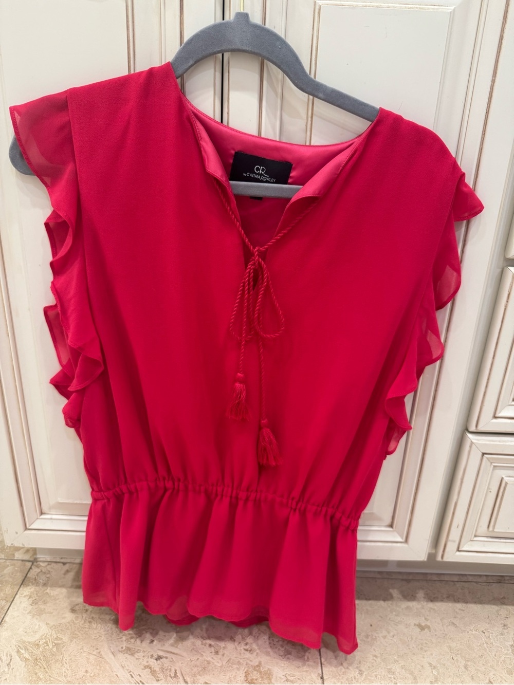 Cynthia Rowley Red Ruffle Sleeve Peplum Blouse Size Small